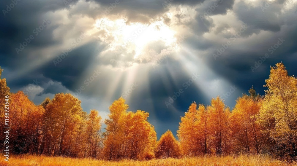 Sunbeams breaking through dark clouds illuminating autumnal forest. Sunbeams breaking through dark clouds illuminating autumnal forest.