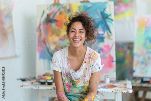 Cheerful artist in studio, smiling woman surrounded by colorful paintings, creative workspace, artistic expression, joyful mood, high-resolution portrait of a female painter

