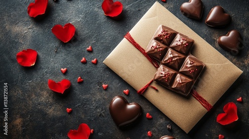 Romantic setting with chocolates, roses, and a letter on a wooden table for a...