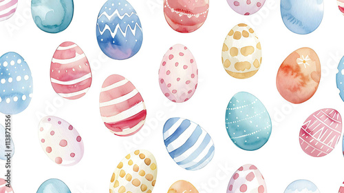 Watercolor seamless pattern with Easter eggs. Set of pastel color eggs hand drawing watercolor illustrations in minimalist style. Decorative elements isolated on white background for Easter designs