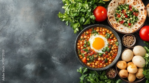 Healthy vegetarian platter featuring chickpeas, fresh vegetables, and yogurt ...