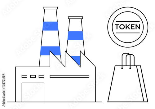 Factory with two striped smokestacks, a shopping bag, and a token. Ideal for manufacturing, retail, e-commerce, industry, business commerce and trade themes. Line metaphor