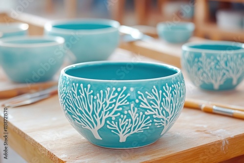 Artisan carefully paints a turquoise ceramic bowl with coral patterns on a wooden workbench surrounded by tools in a vibrant workshop setting