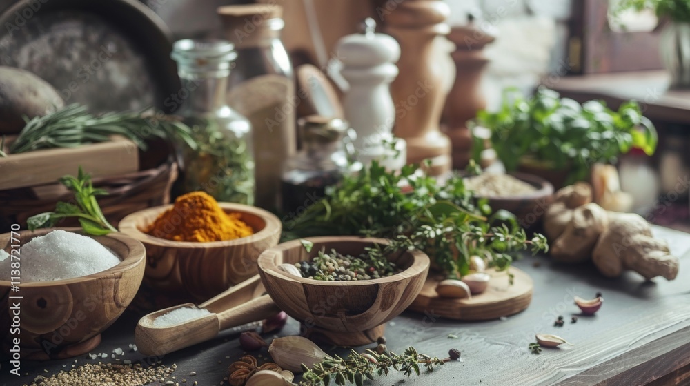 Rustic arrangement of herbs, spices, and wooden kitchen tools Rustic arrangement of herbs, spices, and wooden kitchen tools