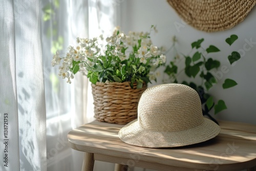 Warm afternoon light filtering through curtains illuminating hats on wooden t...