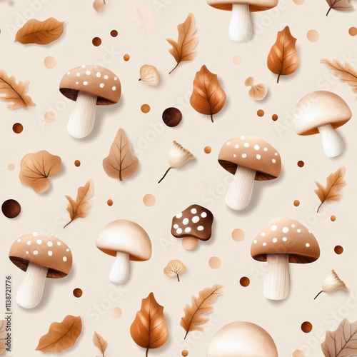 Colorful autumn childish seamless pattern featuring mushrooms and leaves with warm tones on a light background photo