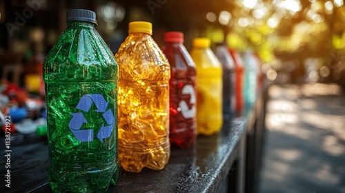 Colorful plastic waste overflowing from recycling bins in a park during autumn