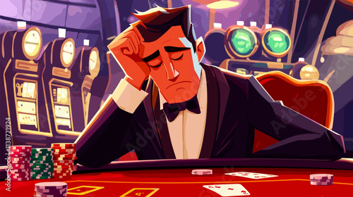 Losing casino player. Gambling addiction concept, cartoon loser gambler failure poker game obsession bad luck day plays cards habit problem sad man misfortune vector illustration