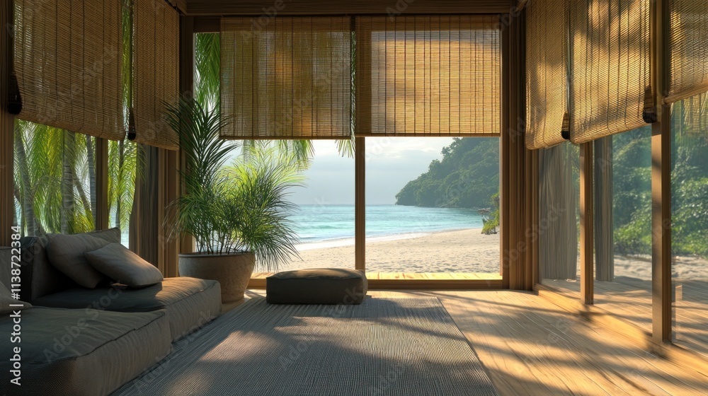 Tropical beach view from minimalist room. Tropical beach view from minimalist room.