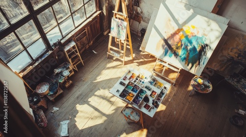 A serene painting session in a sunlit artist's studio filled with canvases and paints, Artistic tools arranged for creative expression, Creative studio style photo