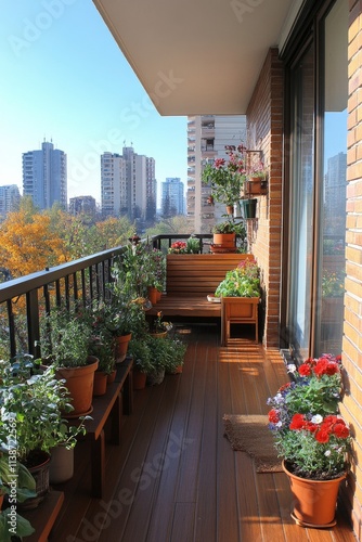 Colorful balcony garden with plants and city skyline in bright daylight