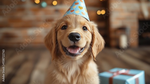 Happy dog celebrating birthday with festive hat next to wrapped present