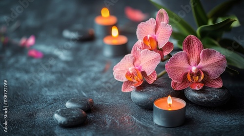 Warm glow of candles surrounded by flowers and stones in a serene setting