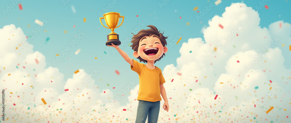 Fototapeta premium Child with a golden trophy in his hand. Beautiful sky background with clouds and confetti. Child winner. Vector illustration