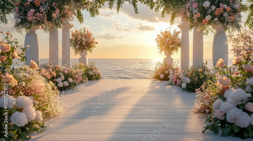 Romantic seaside wedding setup with elegant floral decorations at sunset