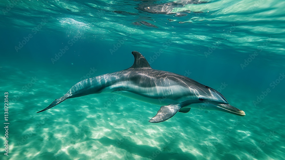 Fototapeta premium Graceful dolphin glides through turquoise waters.