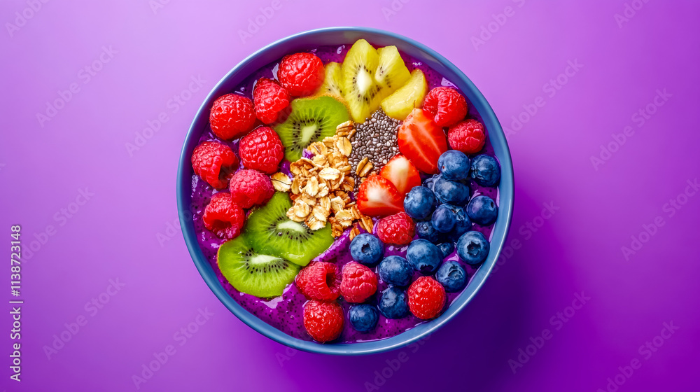 Purple acai bowl with fresh fruits, granola and chia seeds on purple background