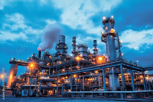 Industrial refinery with bright lights and atmospheric smoke against evening sky.