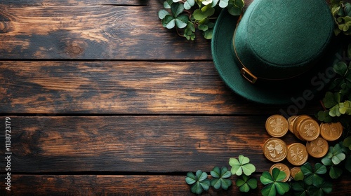 Green hat and gold coins arranged with clovers on wooden surface for festive ...