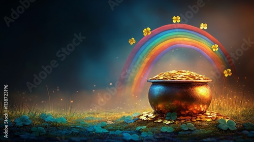 Lucky clover pot overflowing with gold coins in a vibrant garden setting near...
