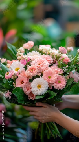 Beautiful bouquet of pastel flowers held against lush green leaves in natural...