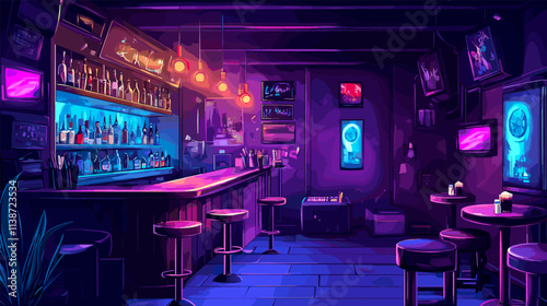 Neon night bar interior. Karaoke pub or disco club inside restaurant empty room, nightclub nightlife indoor furniture counter with chairs for alcohol party vector illustration