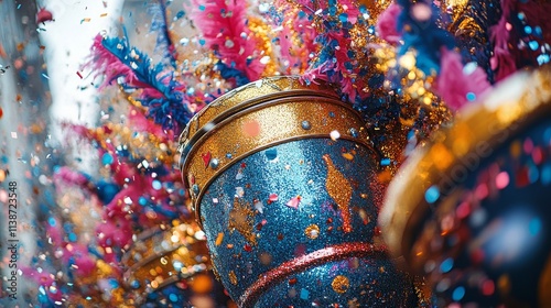 Colorful drums decorated with confetti at a vibrant street festival celebration