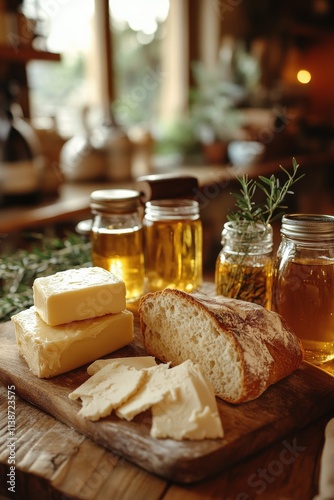 Freshly baked bread loaves with melted butter and olive oil in a rustic setting