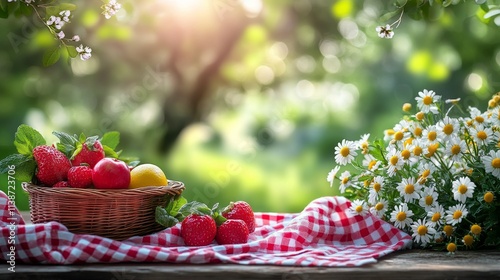 Freshly picked fruits and flowers in a wicker basket on a sunny meadow