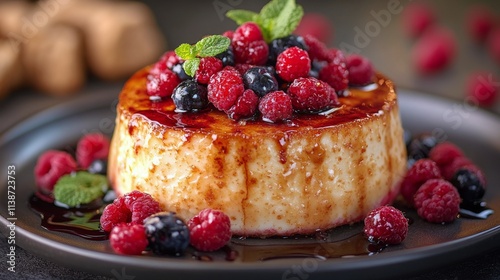 Decadent dessert topped with fresh berries set on a wooden table