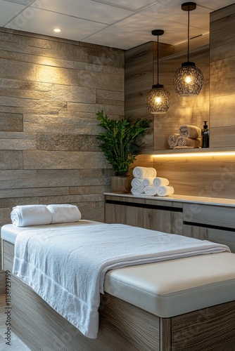 Tranquil spa treatment room with natural elements and soothing ambiance for r...