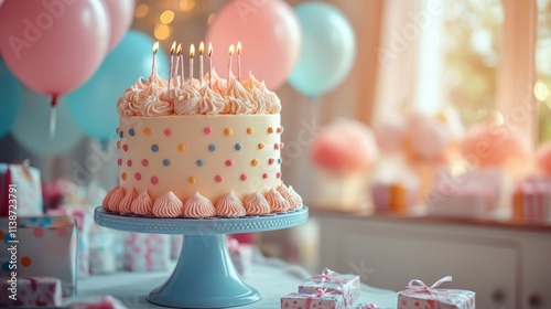 Colorful birthday celebration with cake and presents in a festive setting