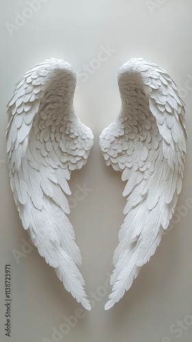 Beautiful white angel wings sculpture created from delicate materials on a ne...
