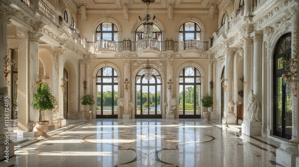 Obraz premium Grand hall with elegant architecture and natural light in a luxurious mansion