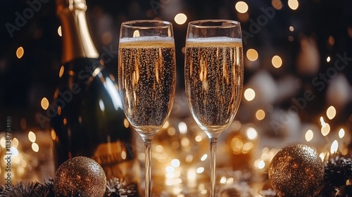 Festive table setting with wine glasses and holiday decorations during a cele...