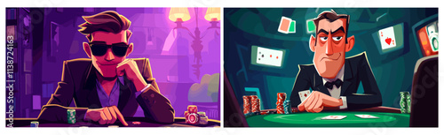 Poker face concept. Cartoon man gambler, guy in black glasses with smile grinning face blackjack play cards player on casino table interior gamble playing vector illustration