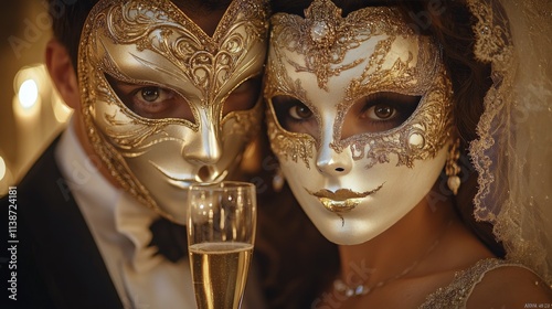 Glamorous masquerade setting with champagne and candlelight in an elegant atm...