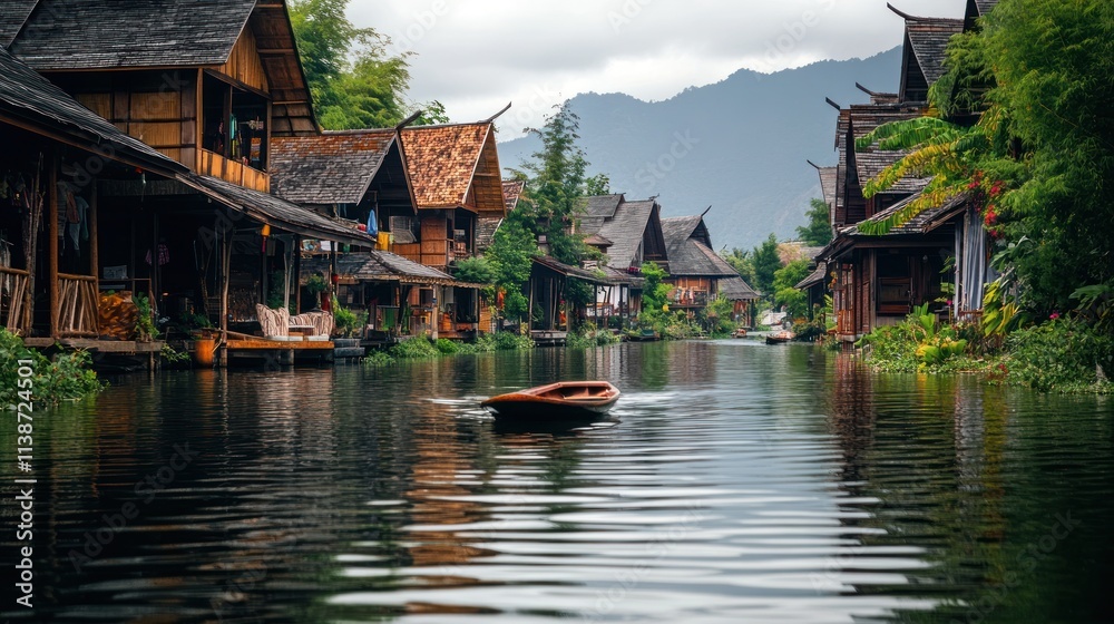 Wooden houses along canal, boat. Wooden houses along canal, boat.