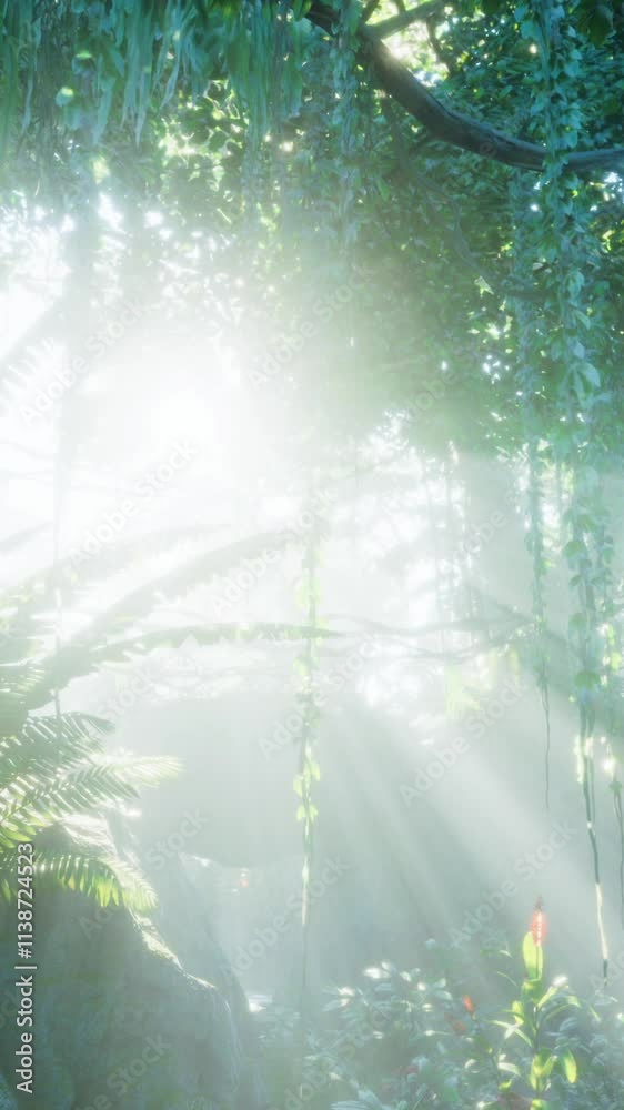 misty rainforest and bright sun beams through trees branches
