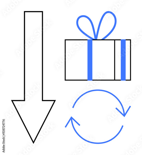 Downward arrow, wrapped gift box with ribbon, blue refresh circular arrows highlighting direction, gift exchange, and renewal. Ideal for logistics, festive seasons, recycling, sustainability