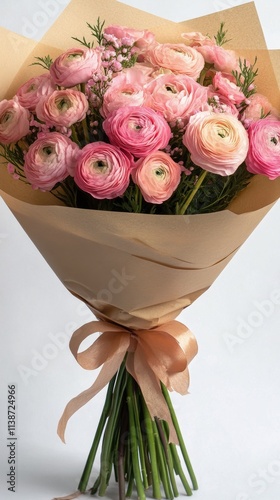 Bouquet of pink ranunculus flowers arranged in wrapping paper for any special...