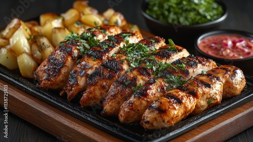 Deliciously grilled chicken served with fresh sides and garnishes in a rustic...
