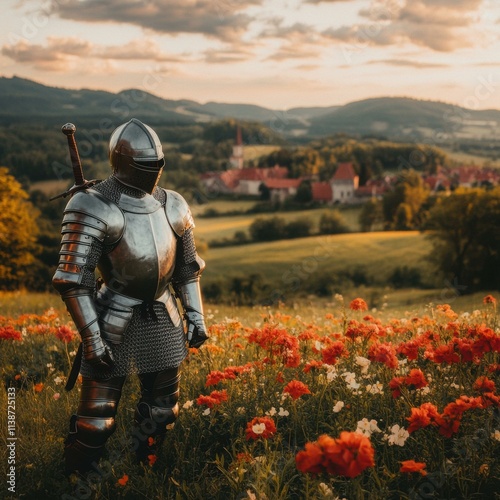 Knight in shining armor amidst a field of poppies at sunset. AI. photo