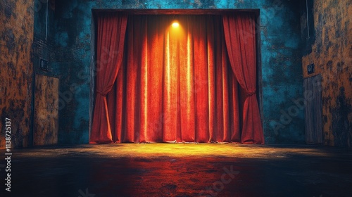 Dramatic stage curtains part to reveal an atmospheric performance space with ...