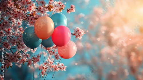 Colorful balloons and blooming flowers create a joyful atmosphere for celebra...