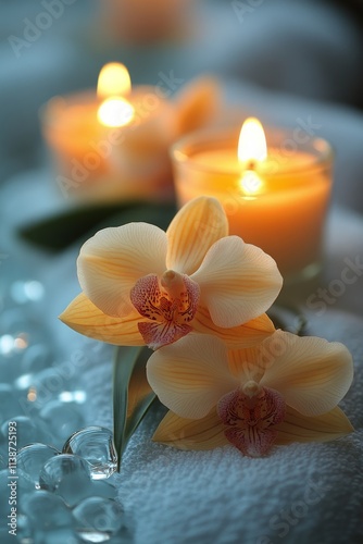 Relaxing spa setup with candles and orchids for rejuvenation and tranquility