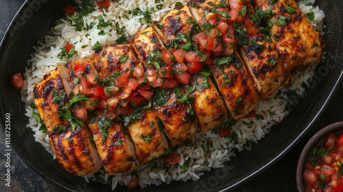Delicious grilled chicken served over fluffy rice with fresh vegetables and h...