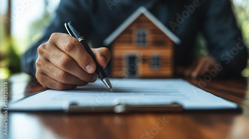 Individual signing documents with a miniature house on the table during a financial agreement