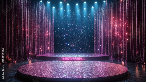 Spotlight shining on stage with red curtains in an empty theatre setting