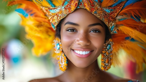Brightly dressed woman smiles during a vibrant cultural celebration in a lush...